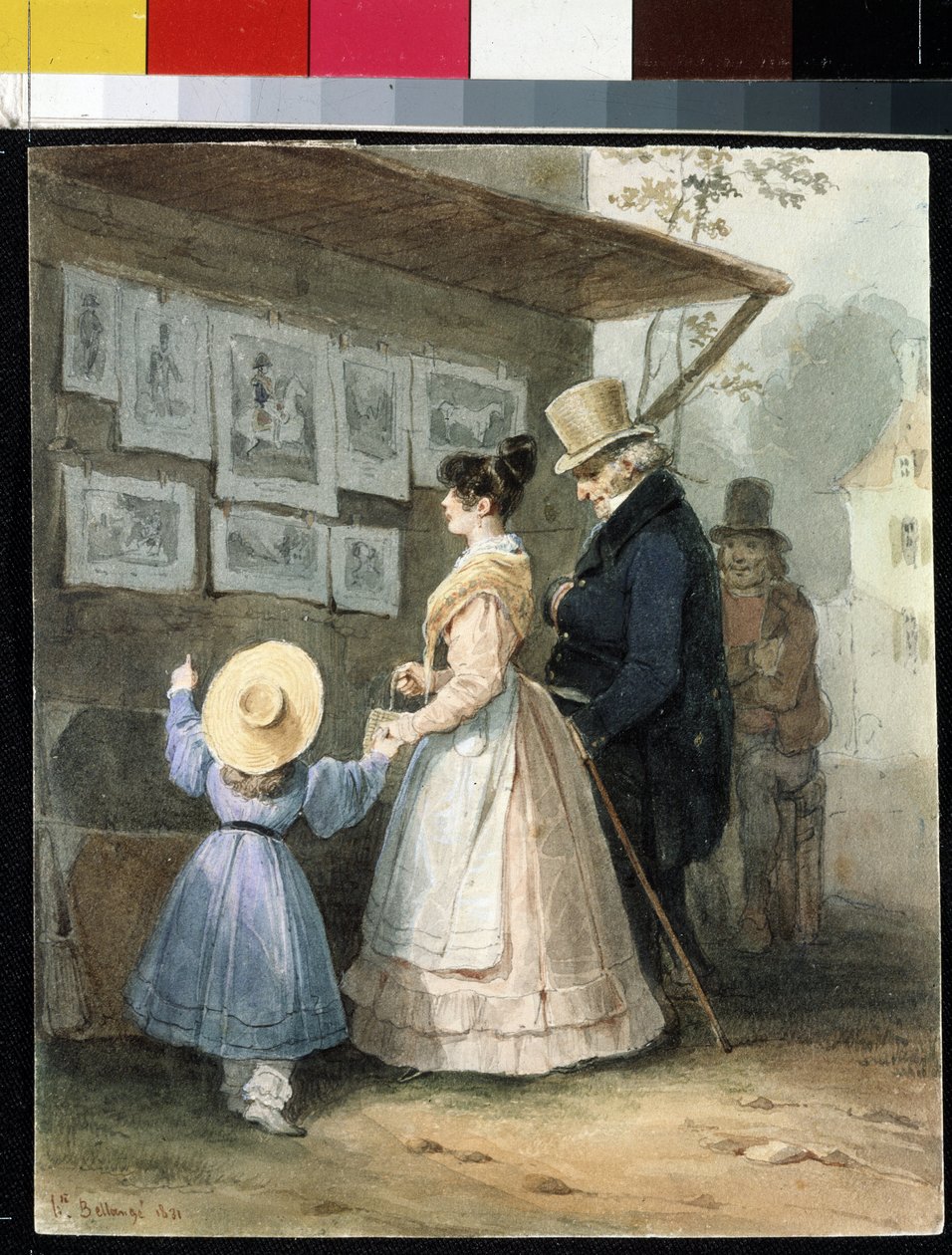 "No vendedor de gravuras" (No vendedor de gravuras) Aquarela de Hippolyte Bellange (1800-1866) 1831 Museu Hermitage, São Petersburgo (São Petersburgo) de Joseph Louis Hippolyte Bellange