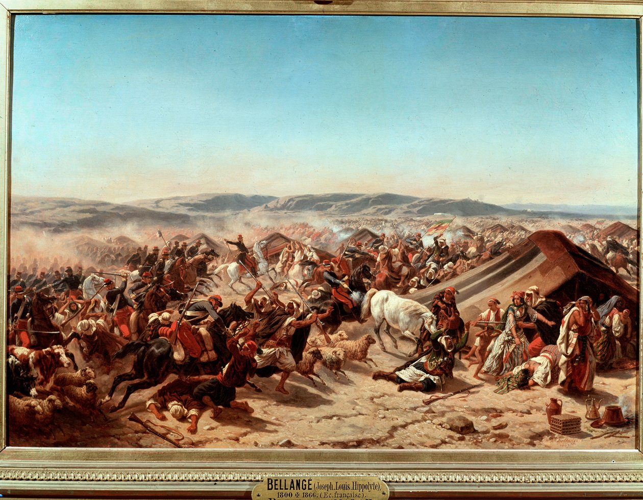Conquete da Argélia (1830-1847): "Captura da Smalah (Smala) de Abd el Kader (Abd-el-Kader ou ibn Muhyi al-Din al-Hasani (al Din al-Hasani) (1807-1883) pelo Duque de Aumale em Taguin de Joseph Louis Hippolyte Bellange