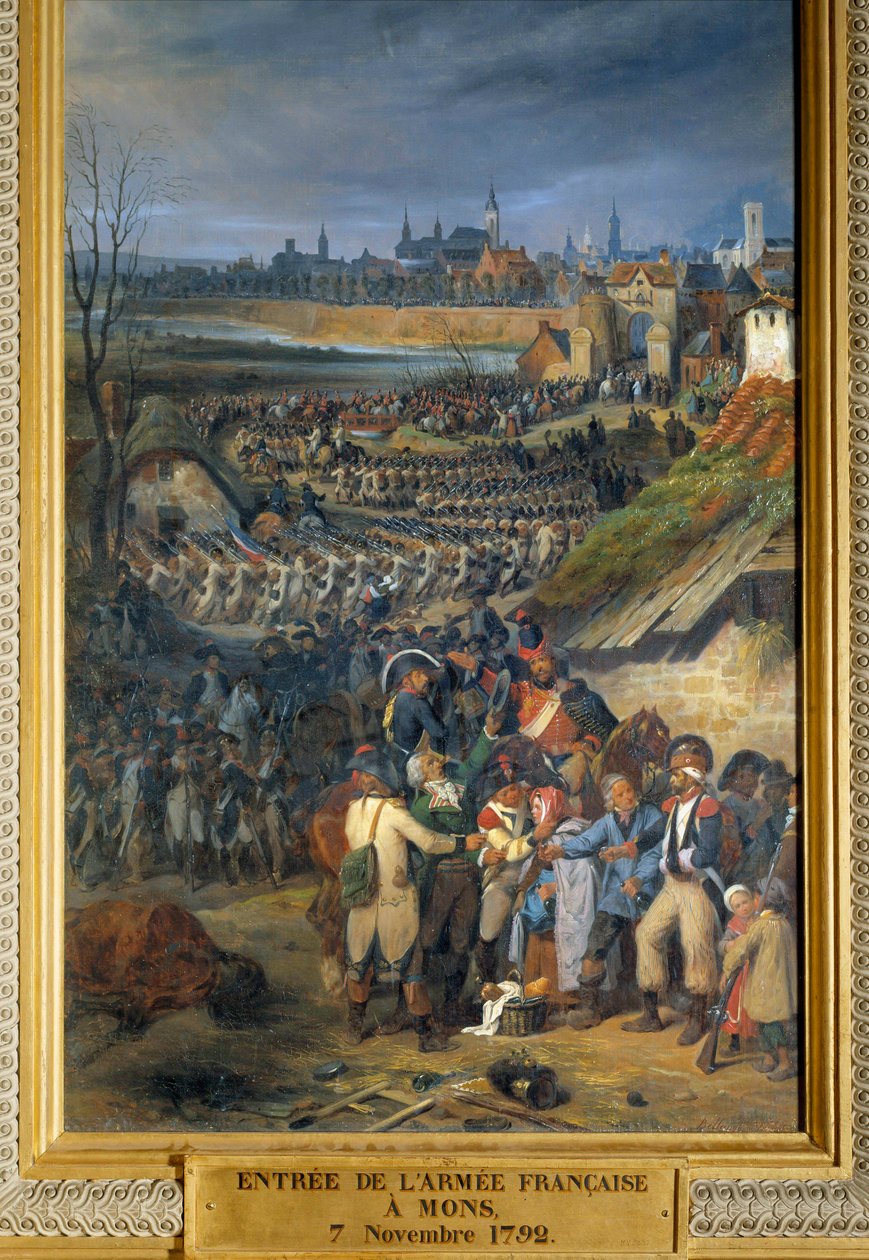 Guerras Revolucionárias: "Entrada do exército francês comandado pelo General Dumouriez em Mons, no dia seguinte à Batalha de Jemmapes, 7 de novembro de Joseph Louis Hippolyte Bellange