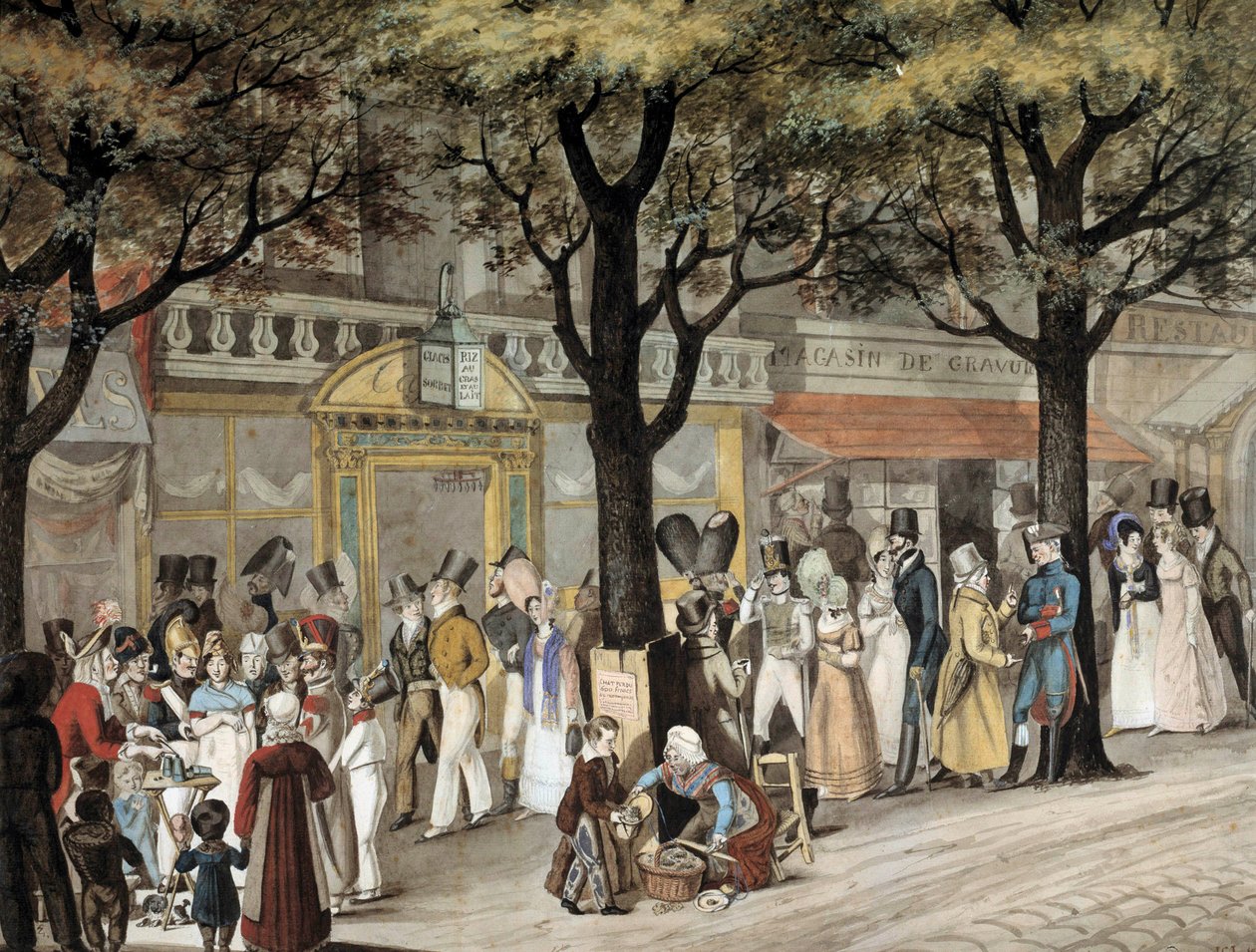 Caminhada numa avenida em Paris em 1819 aguarela de Joseph Louis Bellange (1800-1866) 1819 Paris, Musee Carnavalet de Joseph Louis Hippolyte Bellange