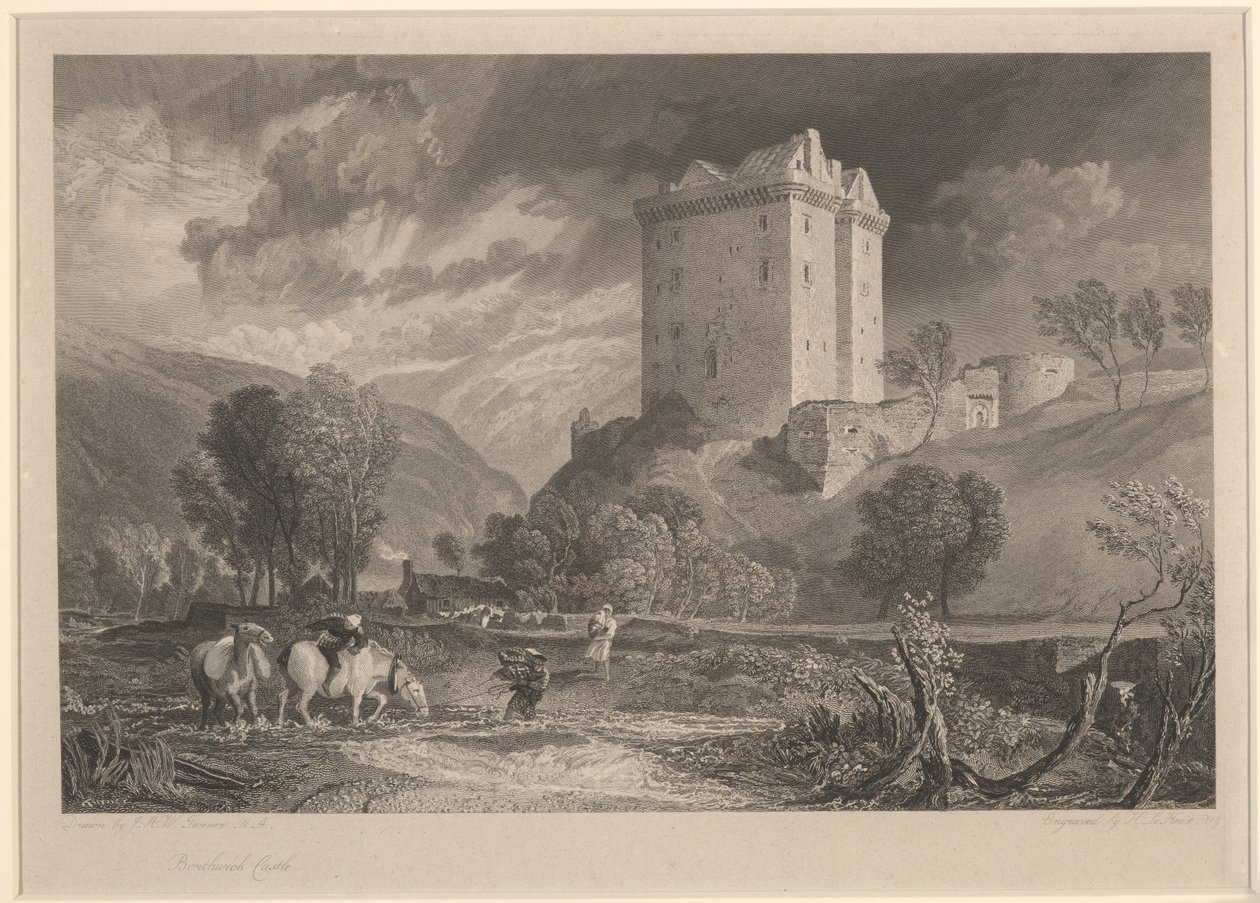 Castelo de Borthwick (Antiguidades Provinciais e Cenário Pitoresco da Escócia), gravado por Henry Le Keux (1775-1851) de Joseph Mallord William (after) Turner