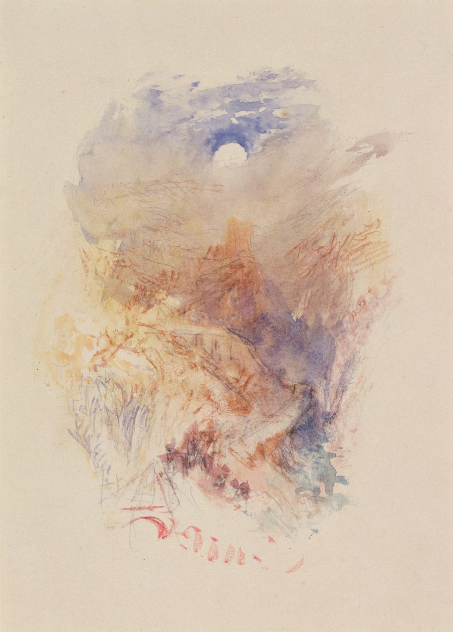 Um desfiladeiro de montanha ao luar, c.1845 (aguarela sobre papel) de Joseph Mallord William Turner