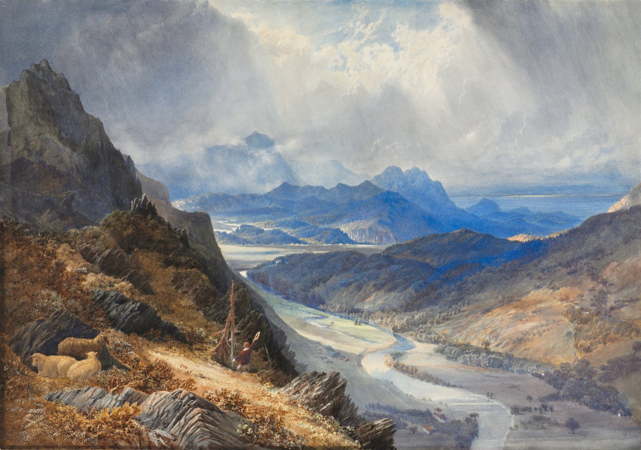Uma vista de Moel Cynwich: olhando para o vale de Afon Mawddach e para Cader Idris, c. 1850 de Joseph Mallord William Turner