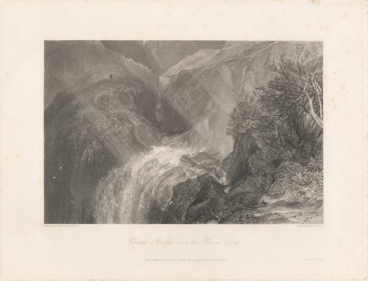 Ponte Chain sobre o rio Tees, 1838 (gravura & gravura) de Joseph Mallord William Turner