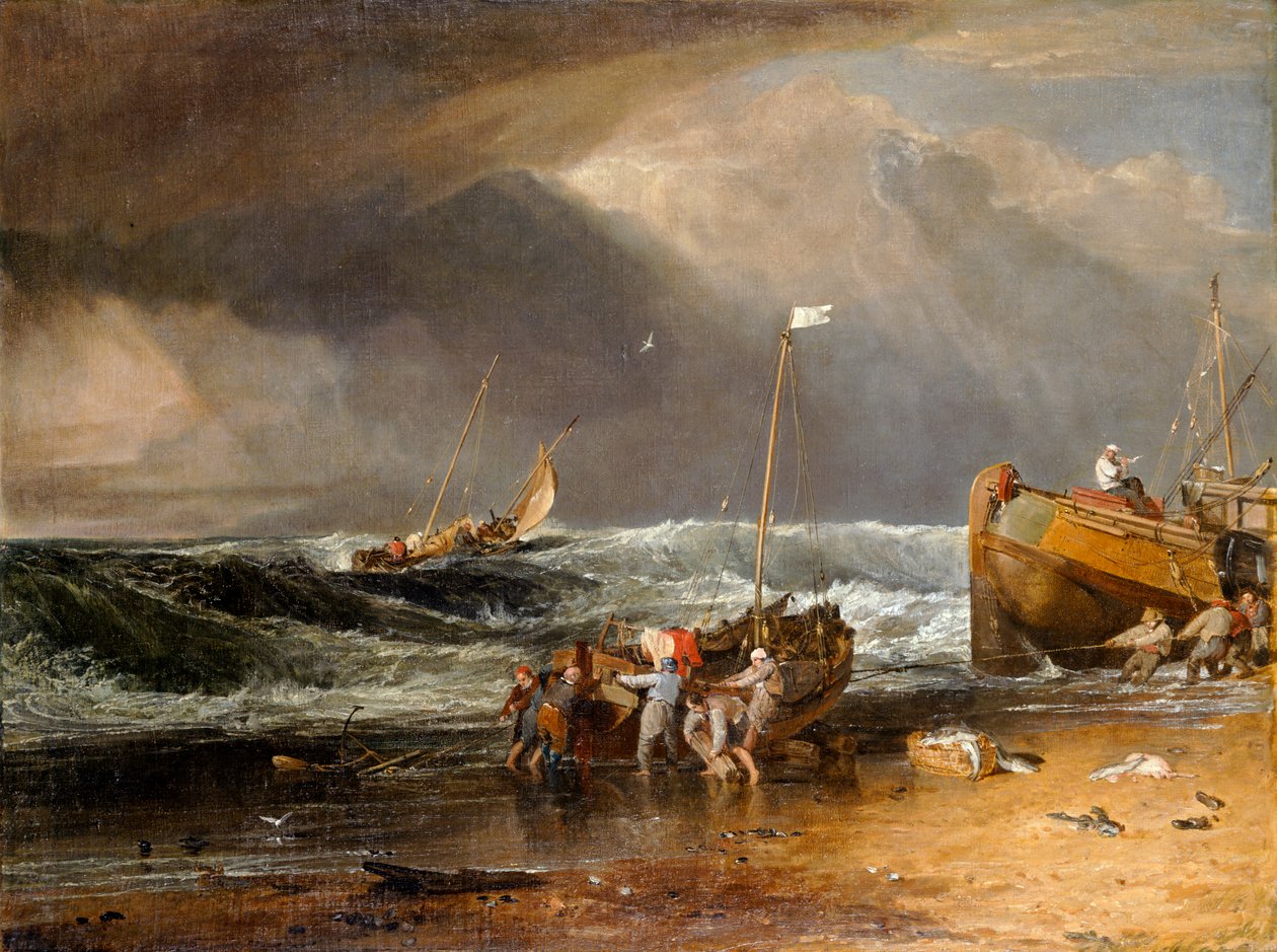 Cena costeira dos Pescadores que transportam um barco para terra, ou O Iveagh Seapiece (petróleo sobre tela) de Joseph Mallord William Turner