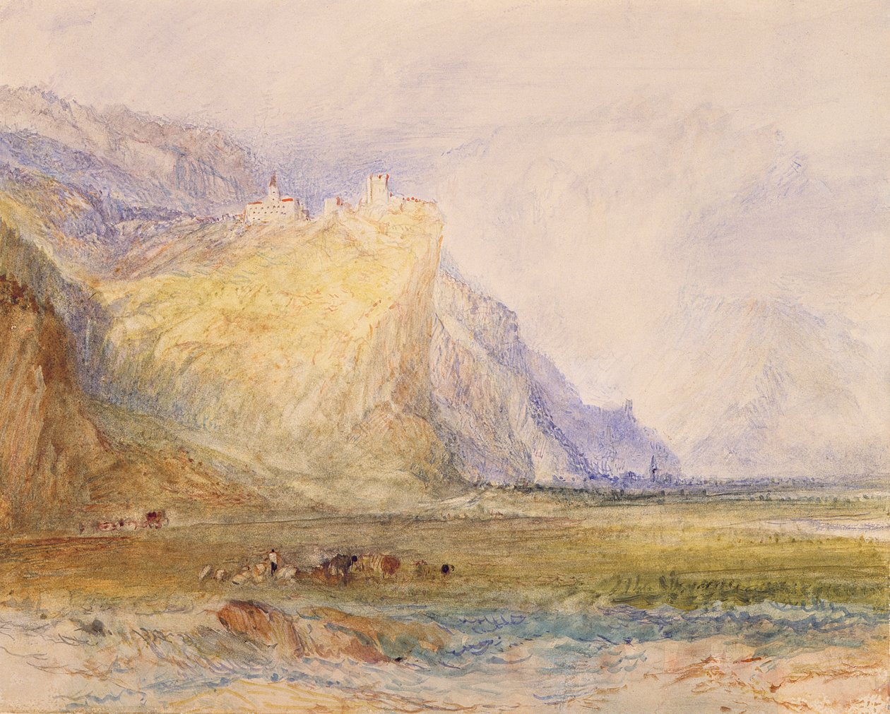 Vale de Domleschg, olhando para Sudeste, em direção a Schloss Ortenstein, c.1853 (aguarela sobre papel) de Joseph Mallord William Turner