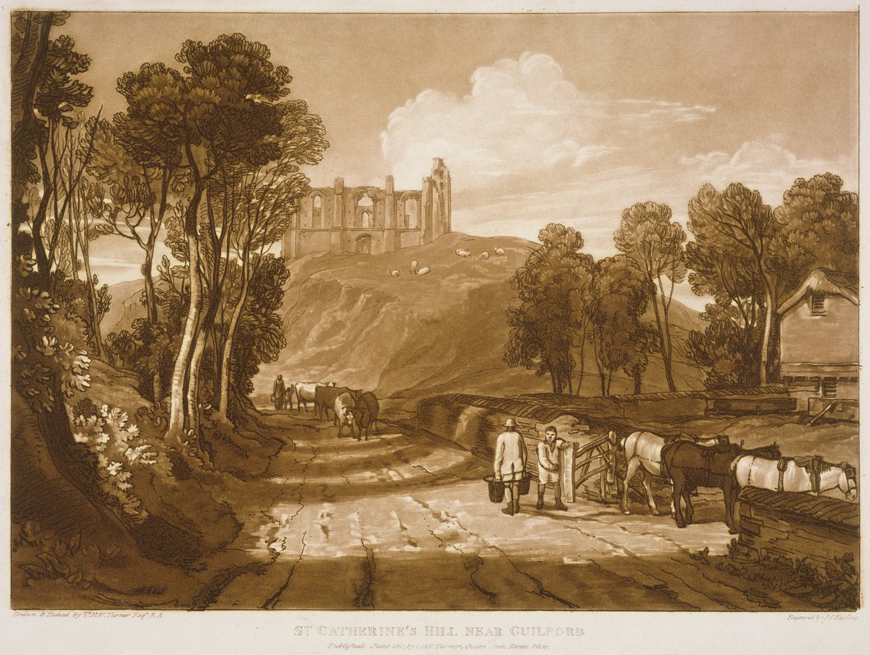 F.33.I Colina de Santa Catarina, perto de Guildford, do &39;Liber Studiorum&39;, gravada por JC Easling, 1811 de Joseph Mallord William Turner
