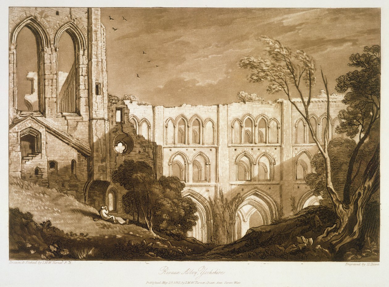 F.51.I Abadia de Rivaulx, do &39;Liber Studiorum&39;, gravada por Henry Dawe, 1812 de Joseph Mallord William Turner