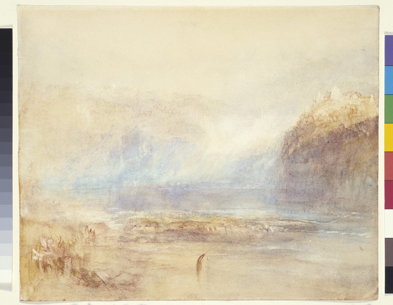 Quedas do Reno em Schaffhausen - Vista Distante (aguarela, caneta e tinta vermelha sobre papel branco) de Joseph Mallord William Turner