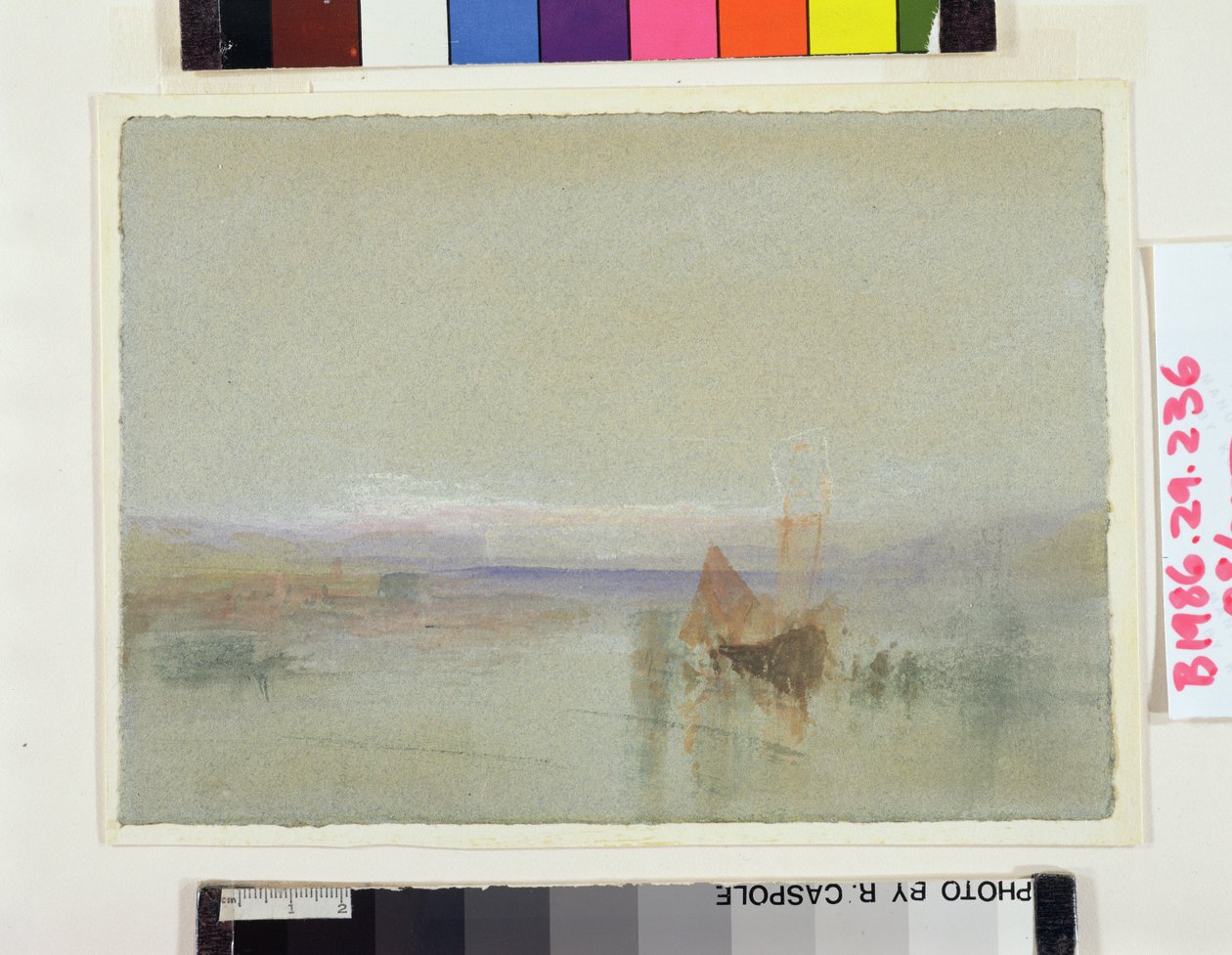 Barcos de pesca Becalmed fora de Le Havre (wc und bodycolour no papel azul) de Joseph Mallord William Turner