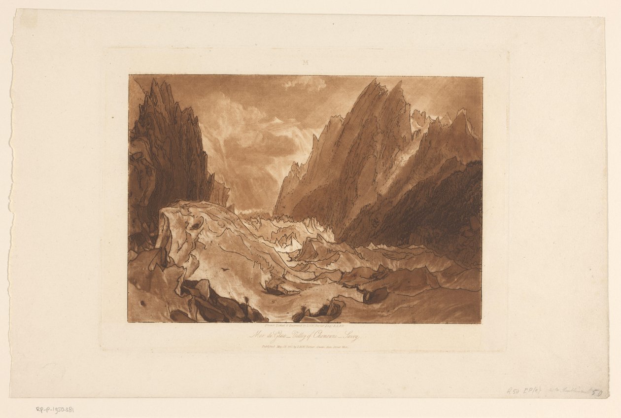 Vista da geleira Mer-de-Glace no Mont Blanc Mer de Glace - Vale de Chamouni - Savoy (título no objeto) Estudos de paisagem (título da série) Liber Studiorum (título da série) de Joseph Mallord William Turner