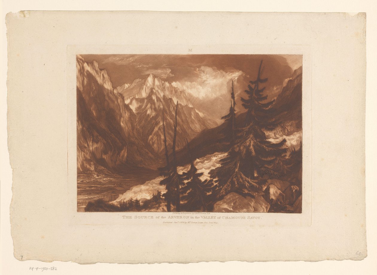 Vista do vale de Chamonix com o rio Arveyron A Fonte do Arveron no Vale de Chamouni Savoy (título no objeto) Estudos de paisagem (título da série) Liber Studiorum (título da série) de Joseph Mallord William Turner