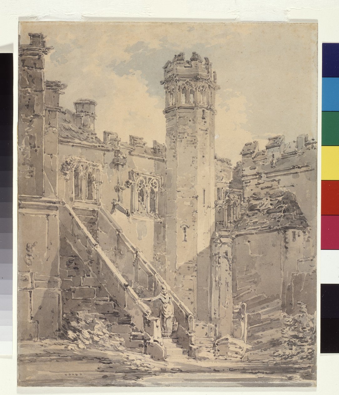 Haddon Hall perto de Bakewell, Derbyshire (tinta azul e cinzenta lava a lápis sobre papel branco) de Joseph Mallord William Turner