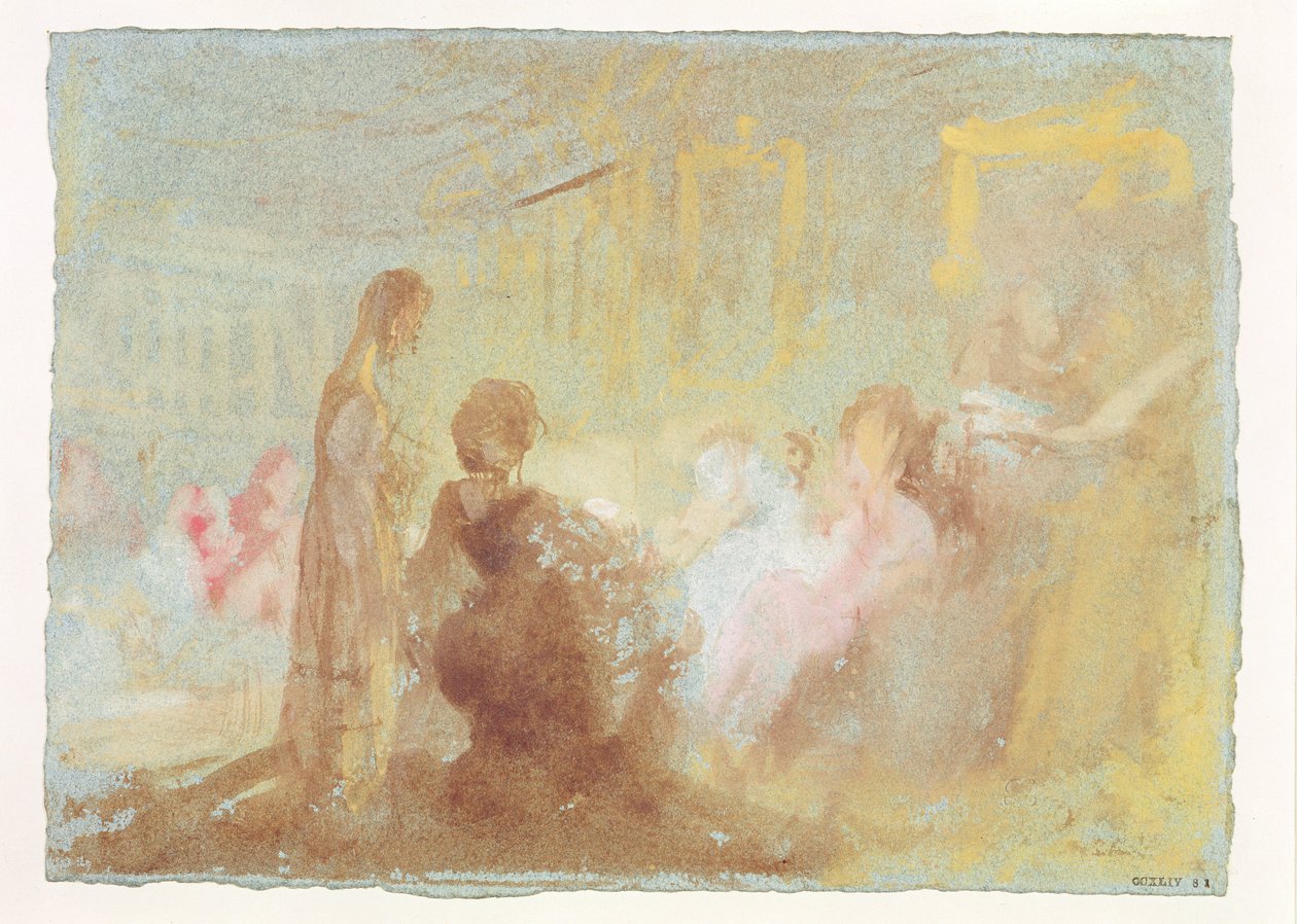 Interior em Petworth House com pessoas em conversação, 1830 (guache) de Joseph Mallord William Turner