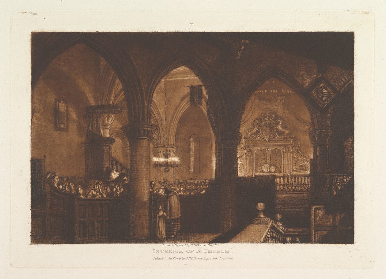 Interior de uma igreja Liber Studiorum, parte XIV, placa 70, 1 de janeiro de 1819. de Joseph Mallord William Turner
