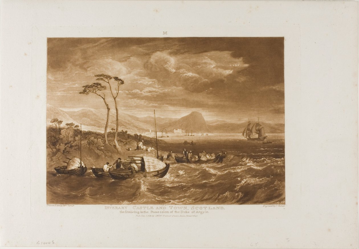 Castelo e cidade de Inveraray, placa 65 do Liber Studiorum de Joseph Mallord William Turner