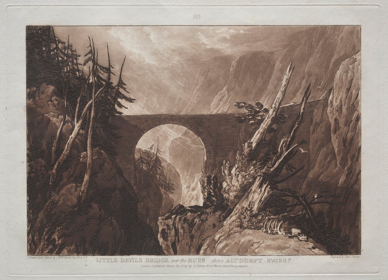 Liber Studiorum: Little Devils Bridge sobre o Russ, acima de Altdorft, Suíça. de Joseph Mallord William Turner
