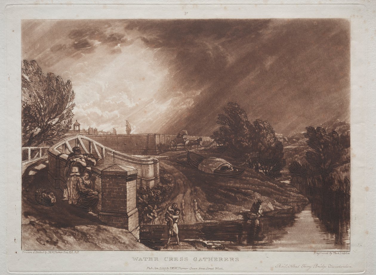 Liber Studiorum: coletores de agrião, cabeça de trilhos, ponte de balsa, Twickenham. de Joseph Mallord William Turner