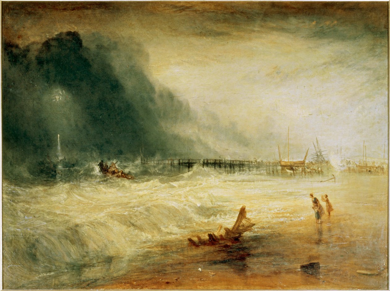 Bote salva-vidas e aparelho de socorro indo em auxílio de uma embarcação encalhada fazendo sinal de socorro ... (pintura sobre tela) de Joseph Mallord William Turner