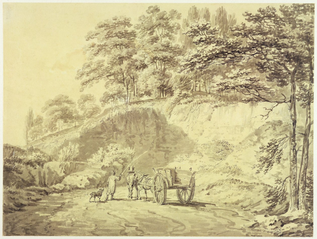 Homem com cavalo e carrinho Entrando em uma pedreira, c.1797 (grafite e lavagem cinza no papel) de Joseph Mallord William Turner