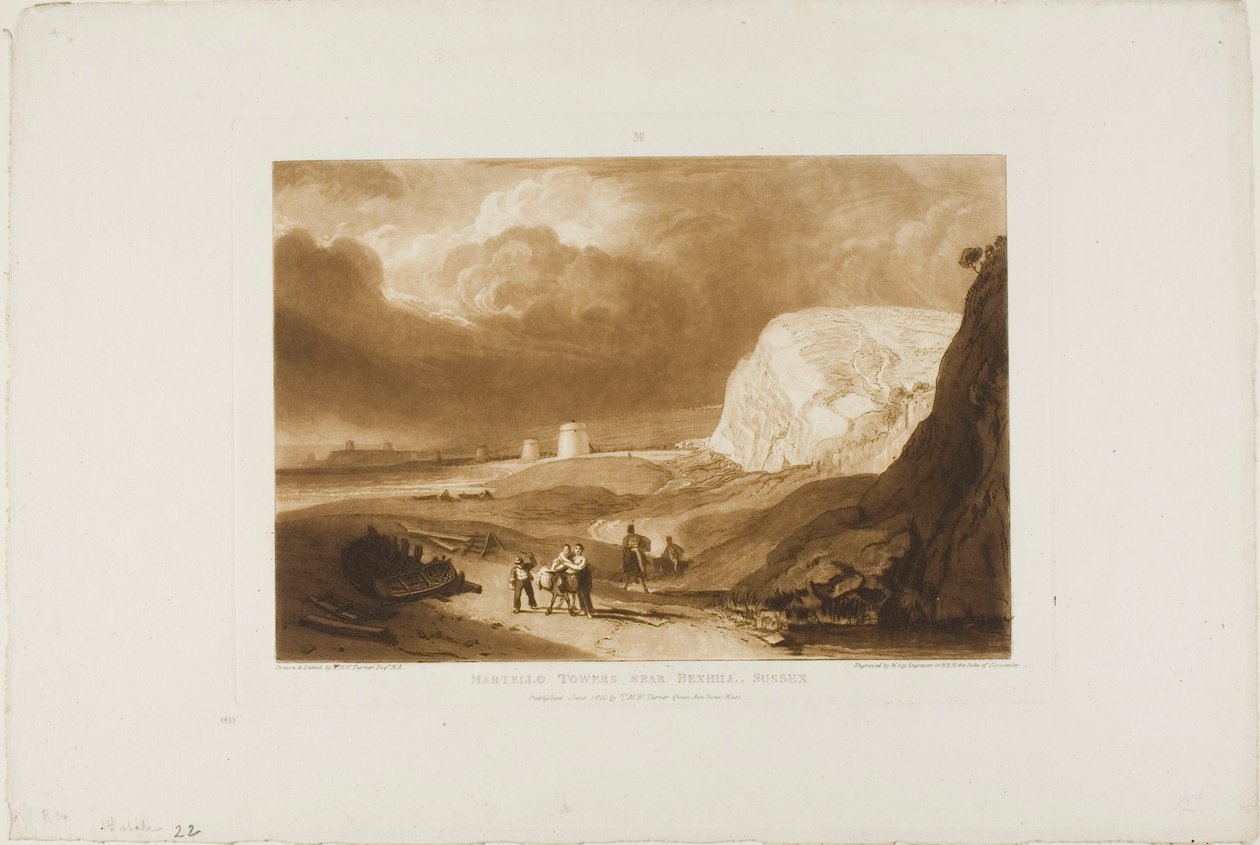 Martello Towers Perto de Bexhill, Sussex, placa 34 do Liber Studiorum de Joseph Mallord William Turner