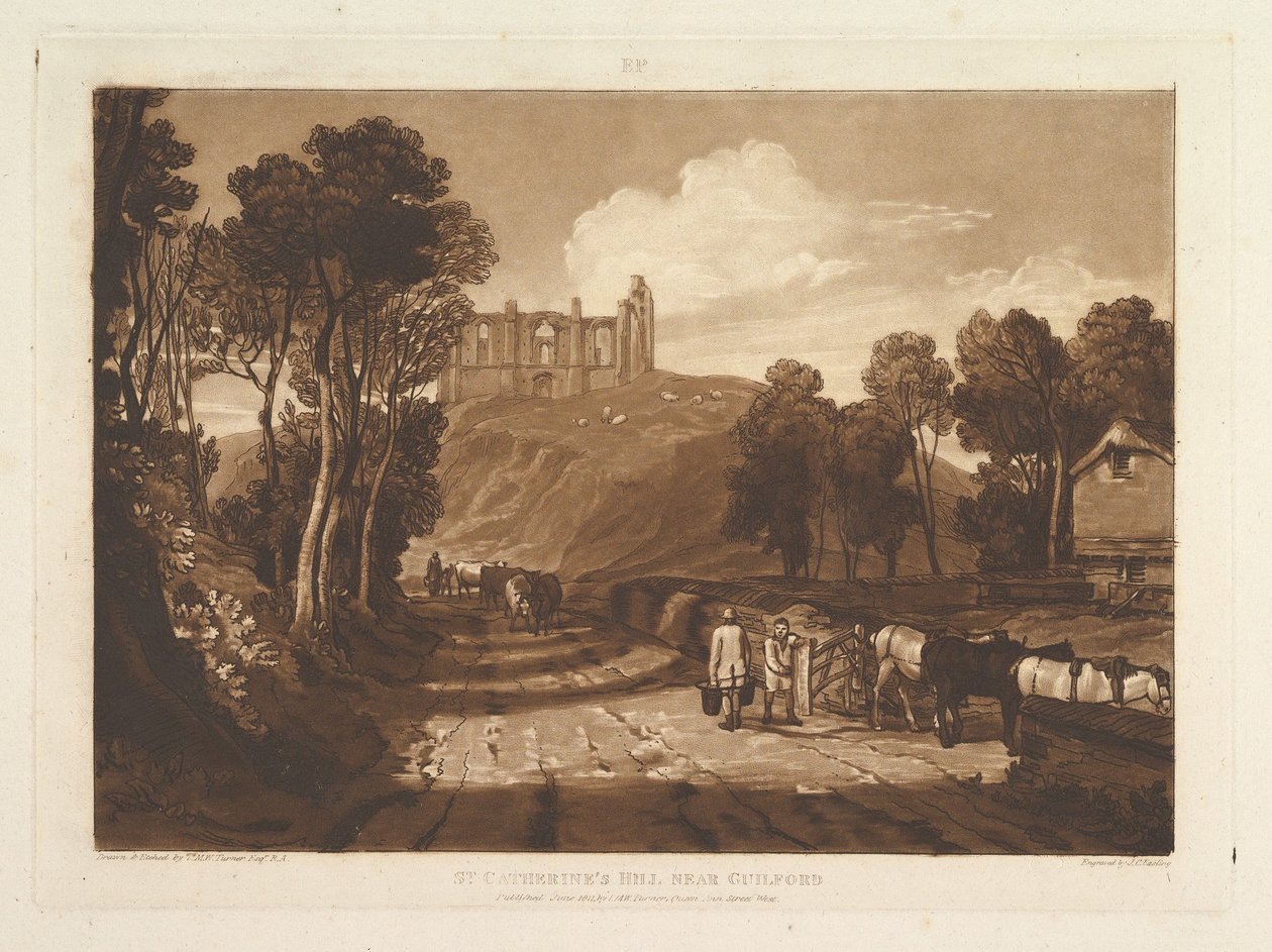 St. Catharines Hill, perto de Guilford Liber Studiorum, parte VII, placa 33, junho de 1811. de Joseph Mallord William Turner