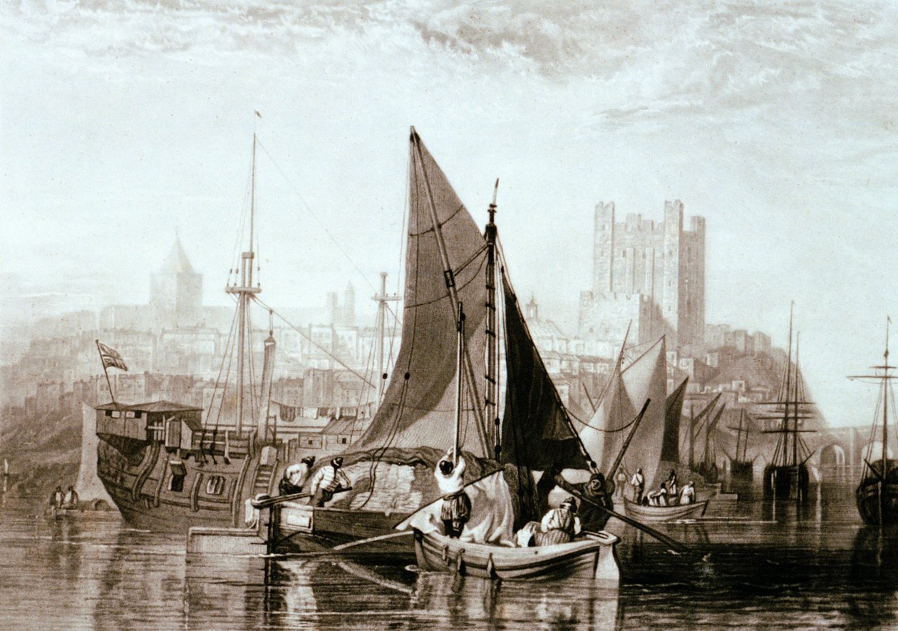 Barcaça do Tamisa que transporta feno, um casco de prisão e outras embarcações em Rochester, no rio Medway de Joseph Mallord William Turner