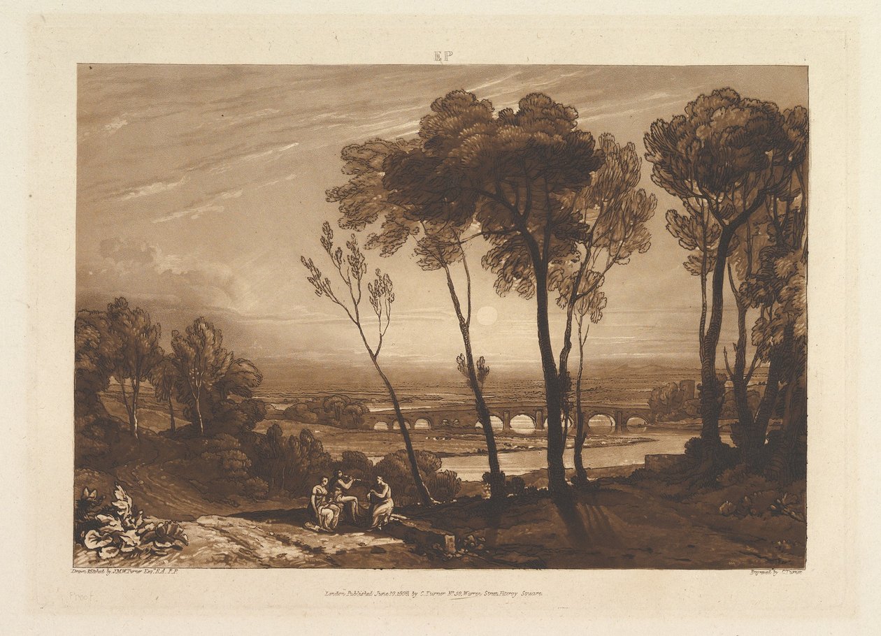 A ponte à distância média Liber Studiorum, parte III, chapa 13, 10 de junho de 1808. de Joseph Mallord William Turner