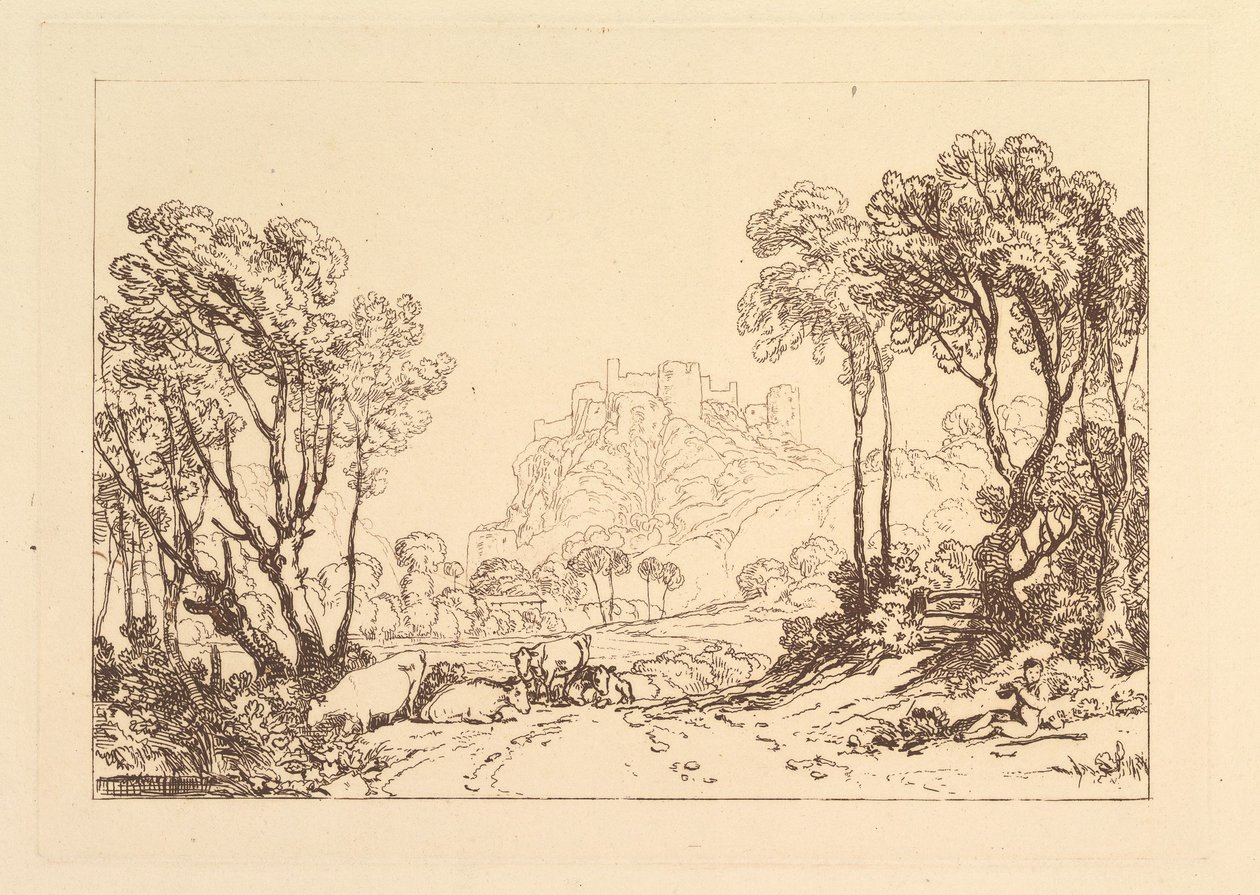 O castelo acima dos prados Liber Studiorum, parte II, placa 8, 1808. de Joseph Mallord William Turner