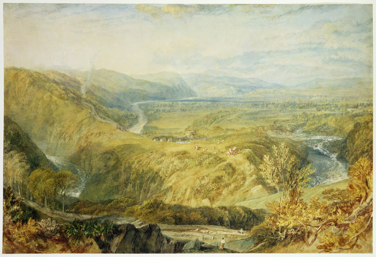 The Crook of Lune, olhando para o castelo de Hornby, 1816-18 (grafite, wc, bodycolour e giz no papel) de Joseph Mallord William Turner