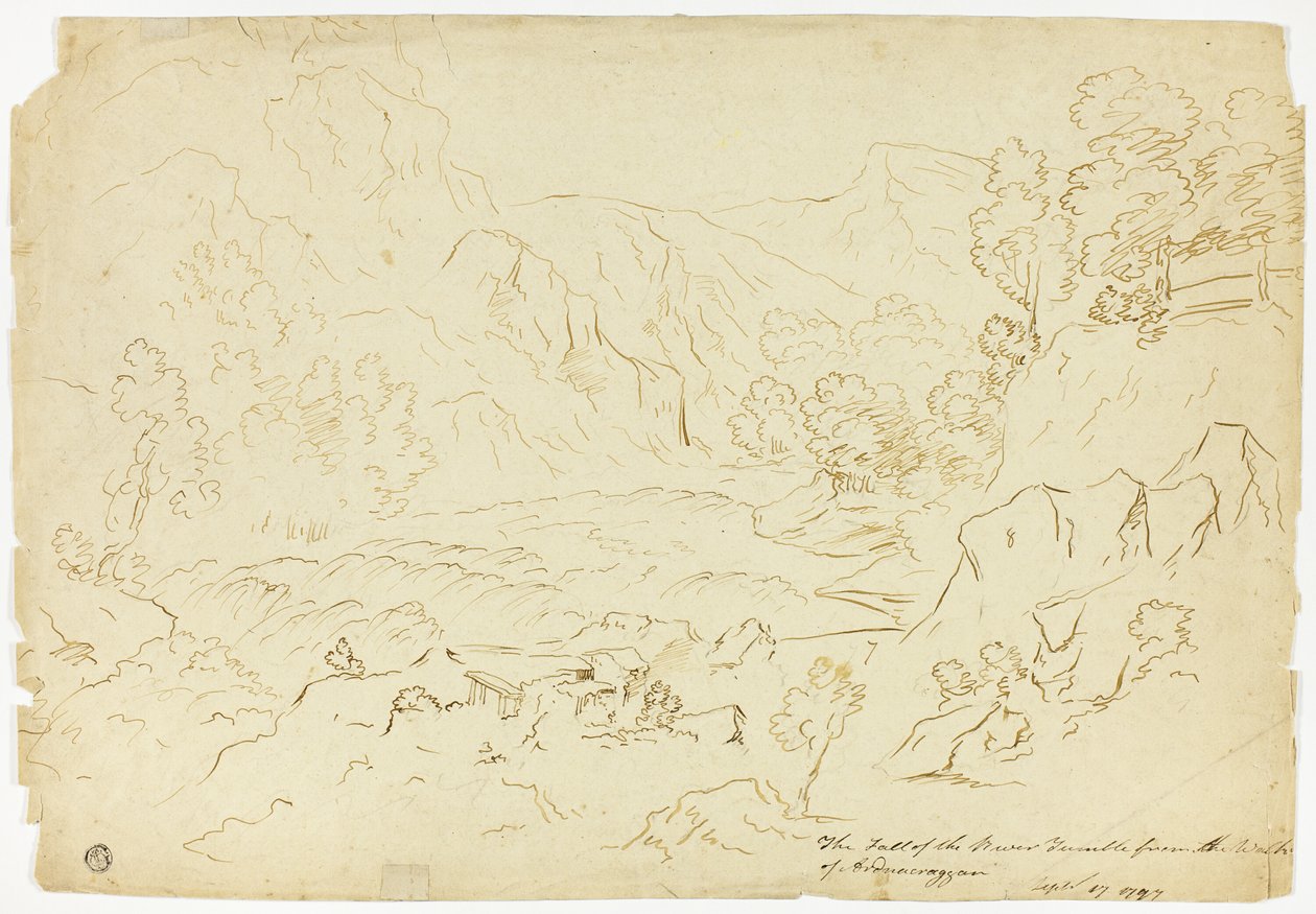 A Queda do Rio Tumble (reto); Vista de Fastraly (verso) de Joseph Mallord William Turner
