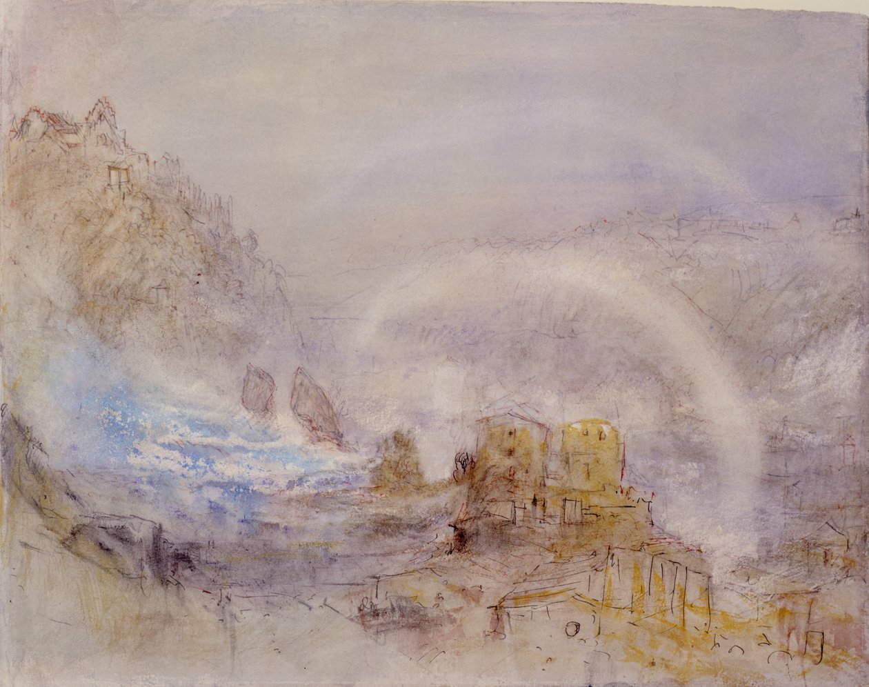 As Cataratas do Reno em Schaffhausen (lápis, tinta vermelha e wc no papel) de Joseph Mallord William Turner