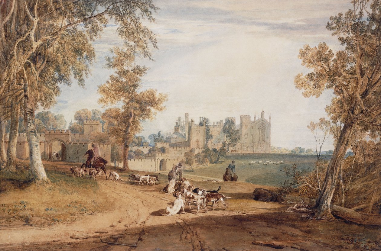A frente noroeste, Cassiobury, com cães de caça e caçadores, de Joseph Mallord William Turner