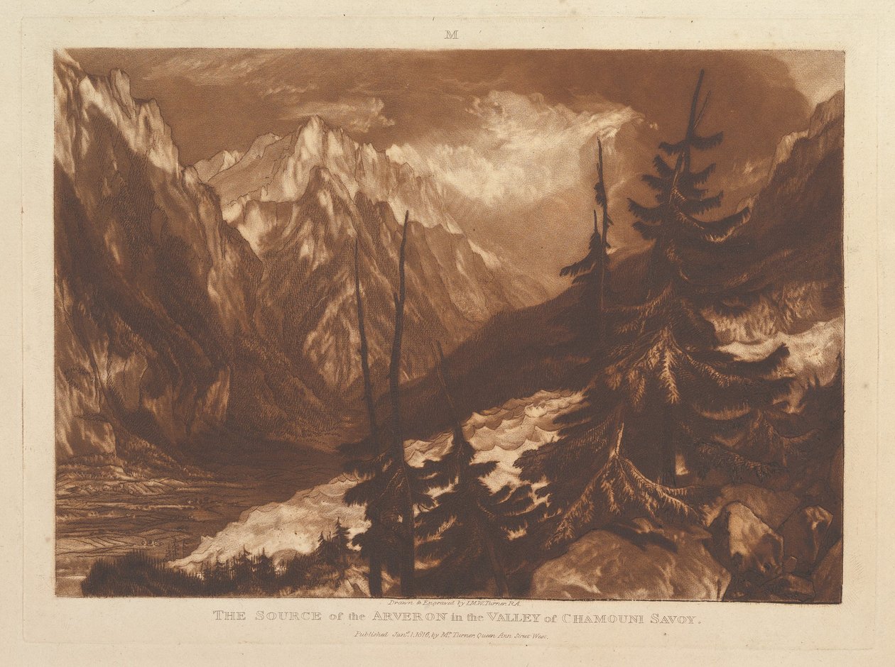 A fonte do Arvaron no vale de Chamouni, Savoy Liber Studiorum, pa ..., 1 de janeiro de 1816. de Joseph Mallord William Turner