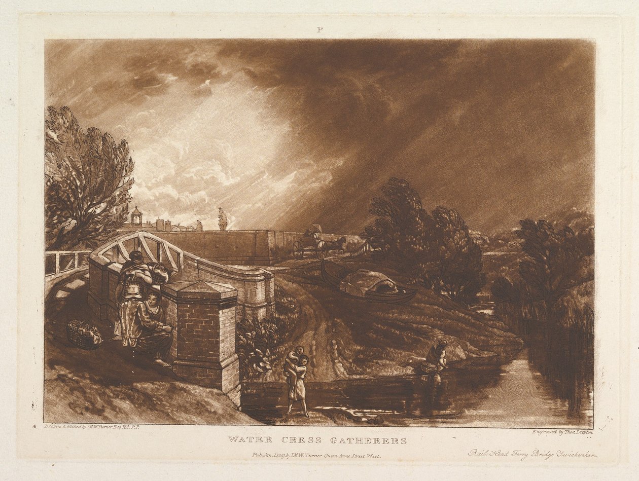 Coletores de Agrião de Água, Ponte de Ferry para Trilhos, Twickenham Liber Studiorum, pa ..., 1 de janeiro de 1819. de Joseph Mallord William Turner