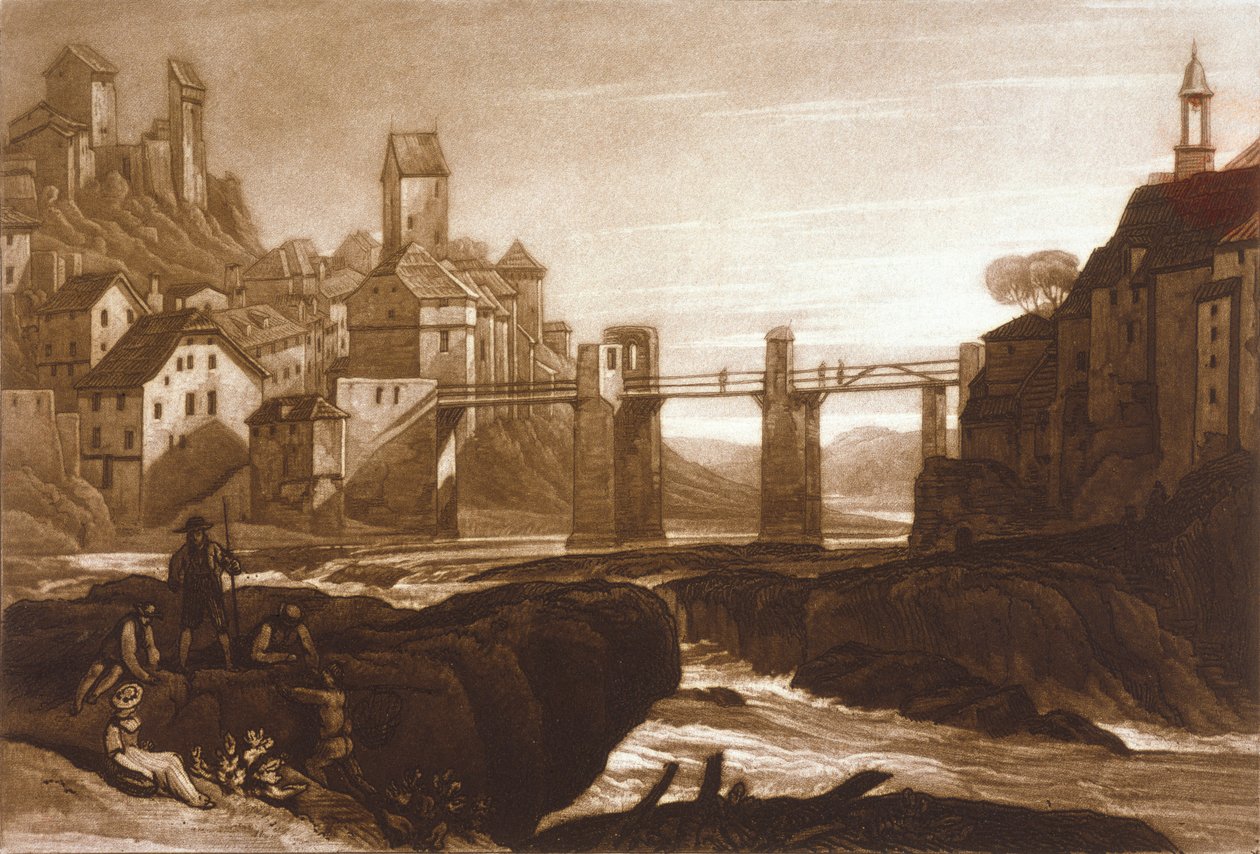 F.31.I Lauffenbourgh, no Reno, do Liber Studiorum, gravado por T. Hodgetts, 1811 de after Joseph Mallord William Turner