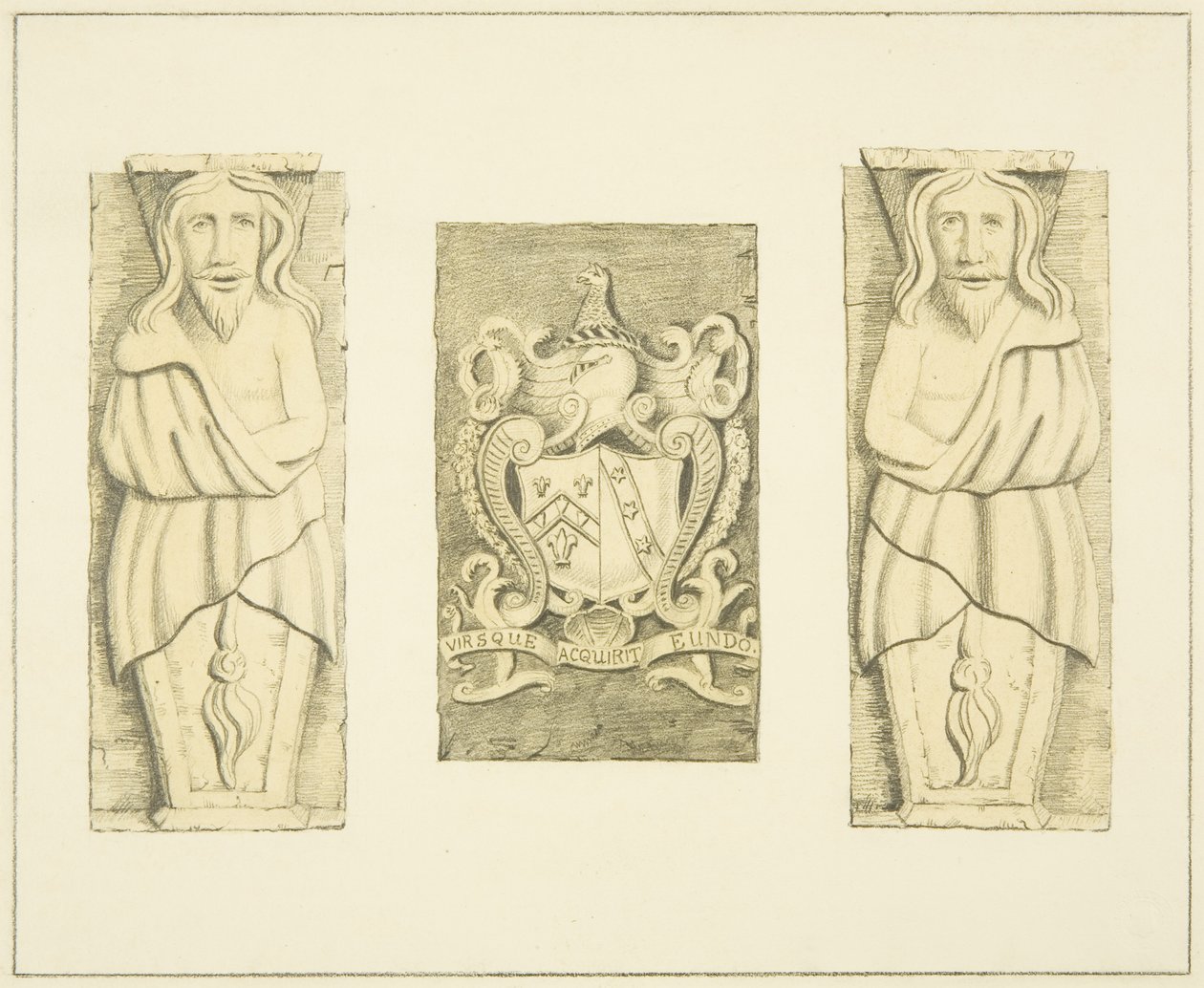 2 Figuras e Escudo de Armas de Gateway no Castelo Negro, Brislington de Joseph Manning