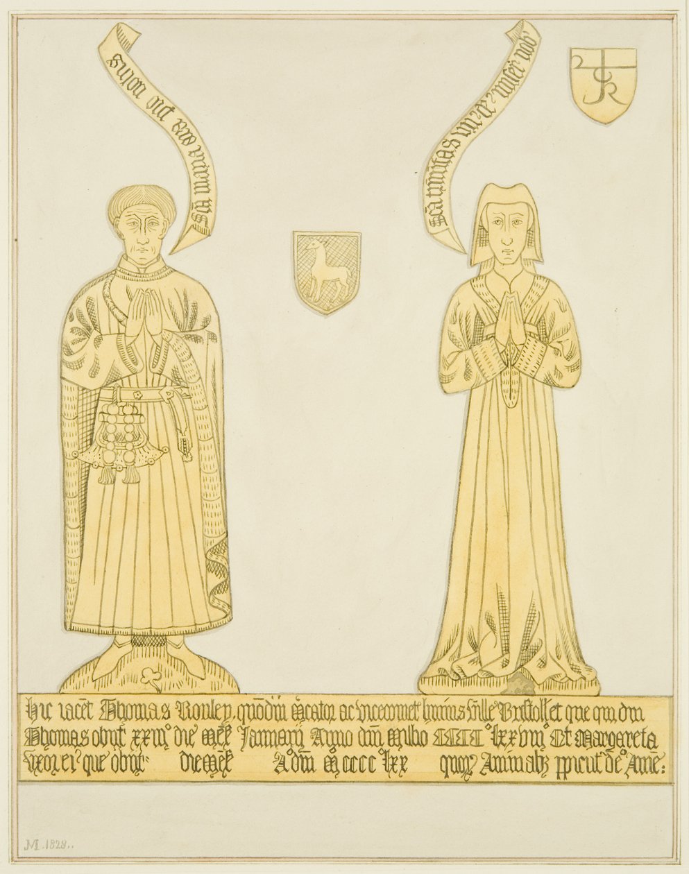 Latão de Thomas Rowley e esposa no corredor central da Igreja de São João (aguarela sobre papel) de Joseph Manning