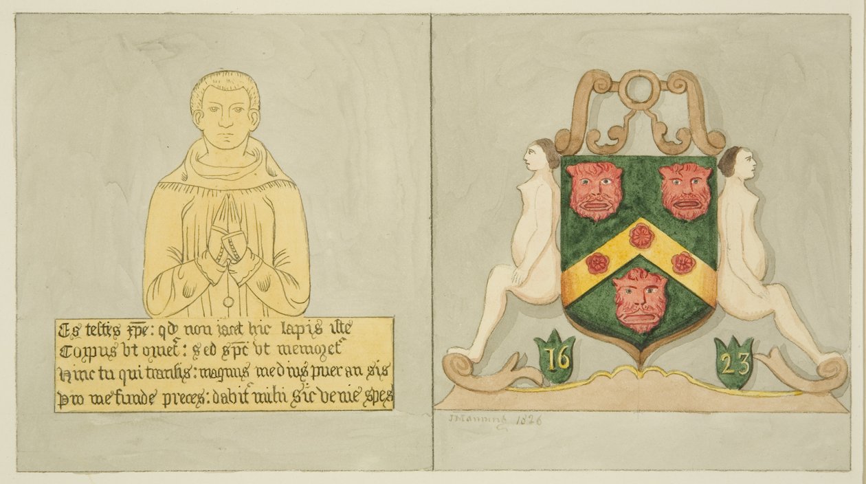 Prato de latão na Capela dos Tecelões e os Braços dos Tecelões na Igreja do Templo (aguarela sobre papel) de Joseph Manning