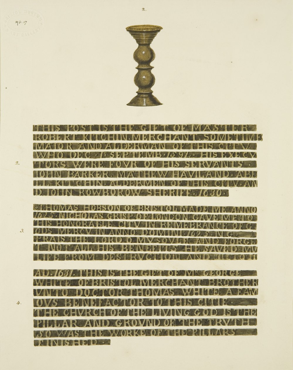 Pilar de Bronze (Pregos) No. 2, com inscrições dos No. 2, 3 e 4 (lápis e aguarela sobre papel) de Joseph Manning