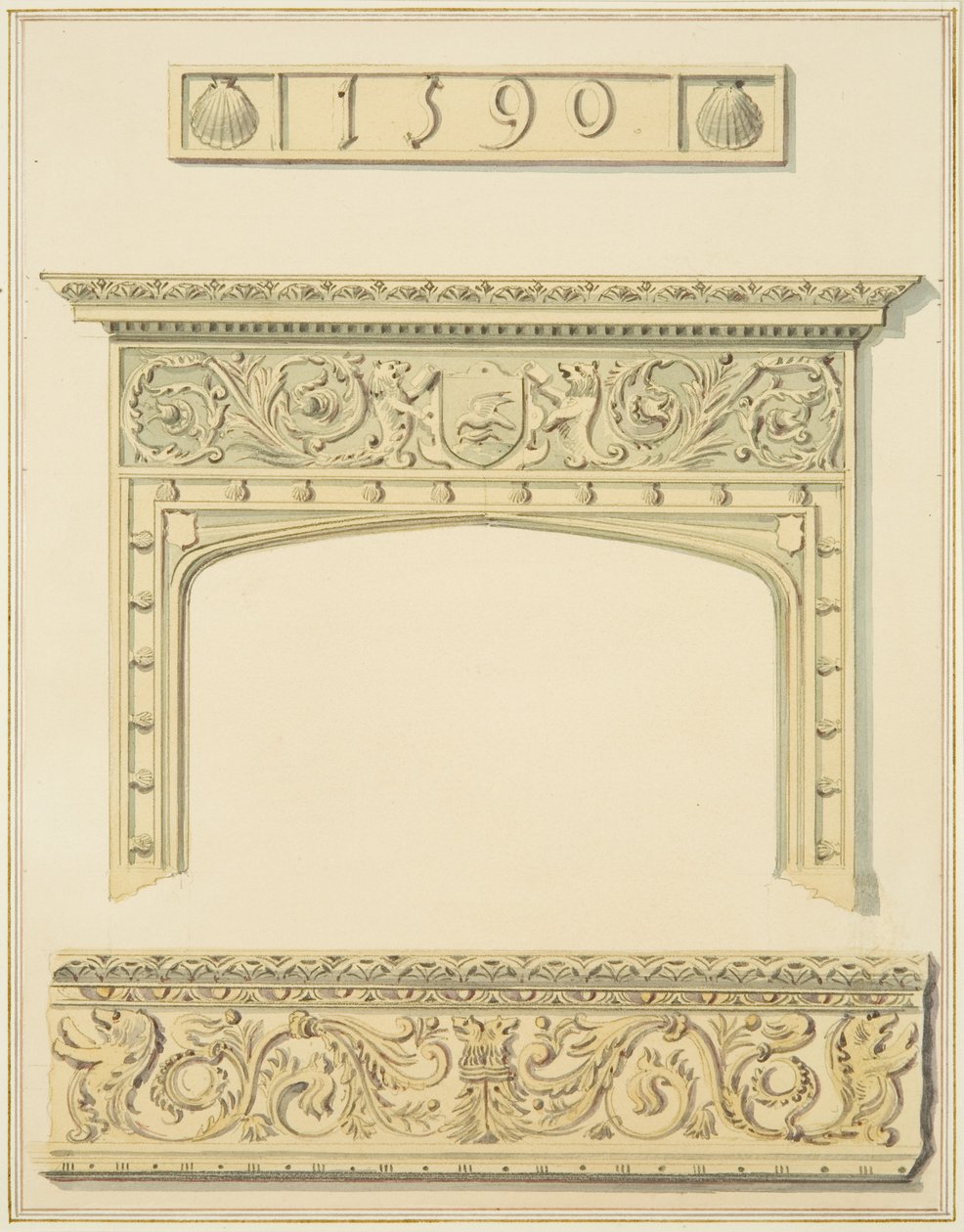 Chaminé e viga na sala superior e cornija na sala inferior, 9 Rua Pequena (desenho, aguarela) de Joseph Manning