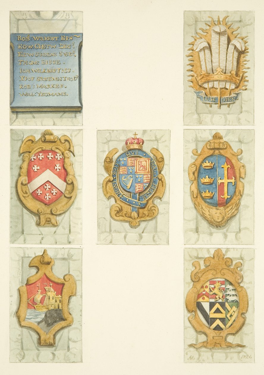 Brasões sobre púlpito de pedra da Catedral de Bristol (aguarela sobre papel) de Joseph Manning
