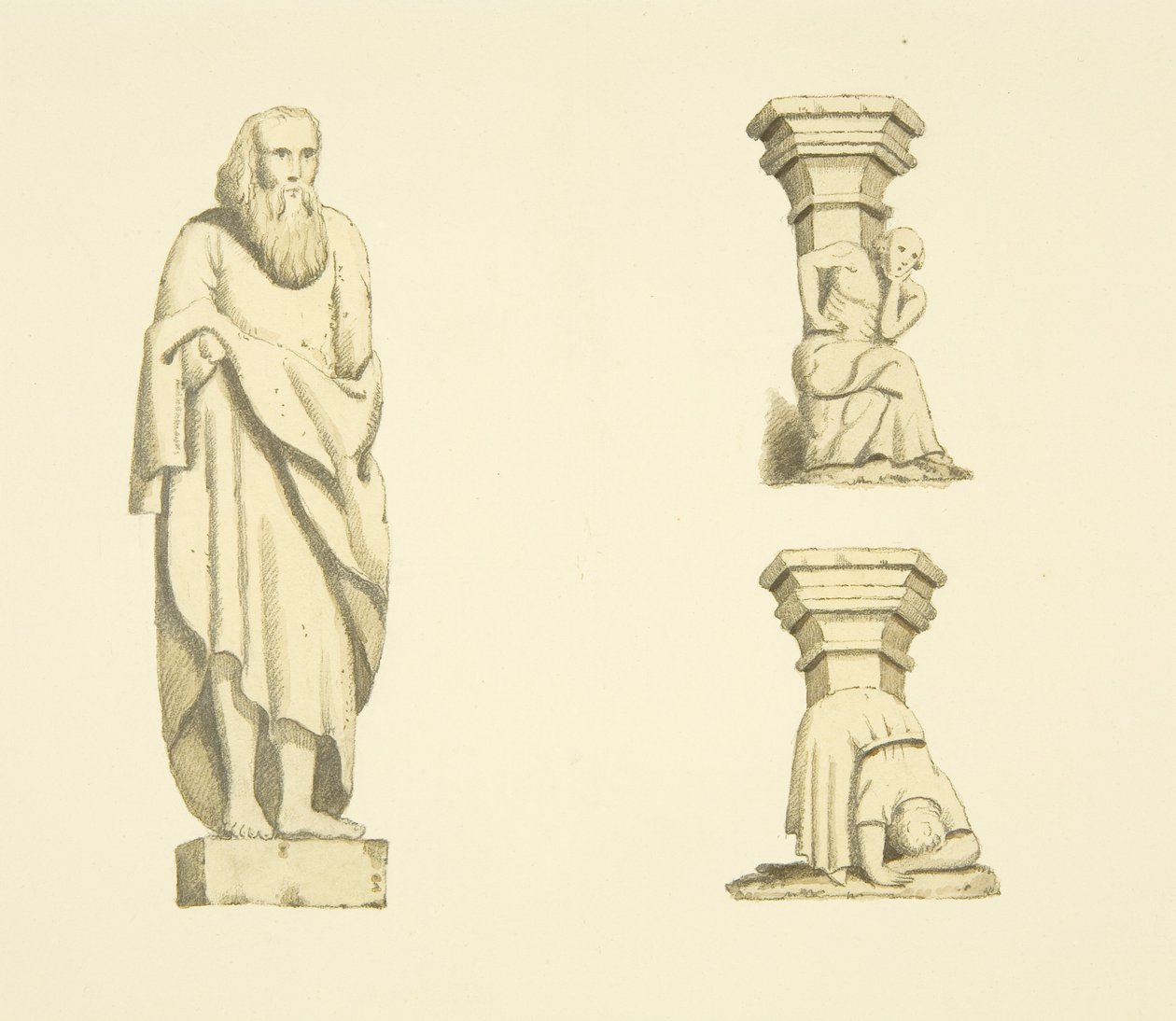 Figura e duas treliças em nichos da Torre de Santa Maria Redcliffe (aguarela sobre papel) de Joseph Manning