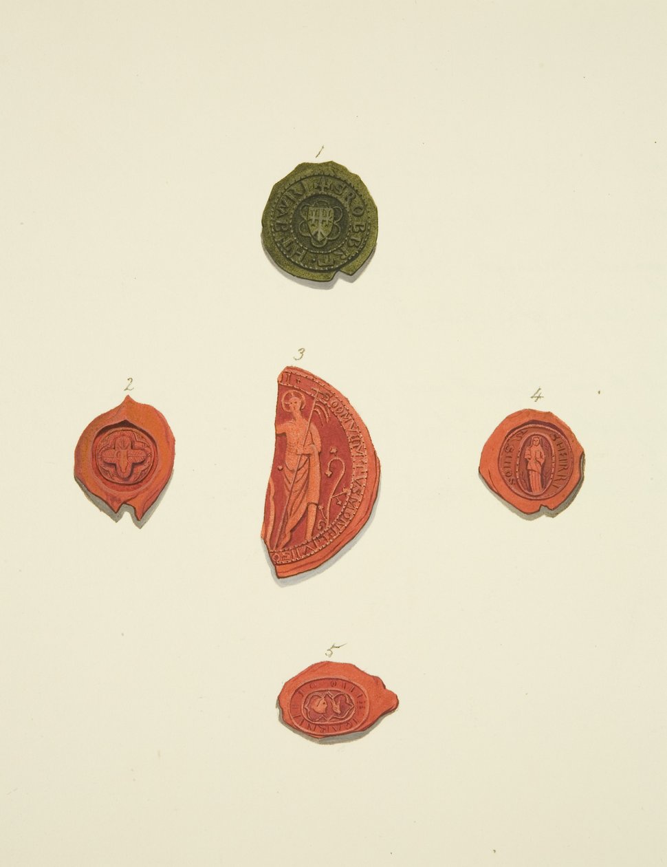 Cinco selos de Robert Atwaller, selo desconhecido, Margaret Mewyrk, priora de Santa Maria Madalena e John Vrell de Joseph Manning
