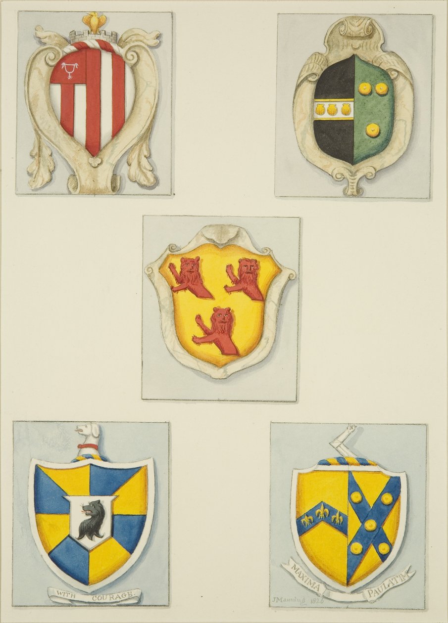 Cinco escudos de armas de monumentos na Igreja do Templo (aguarela sobre papel) de Joseph Manning