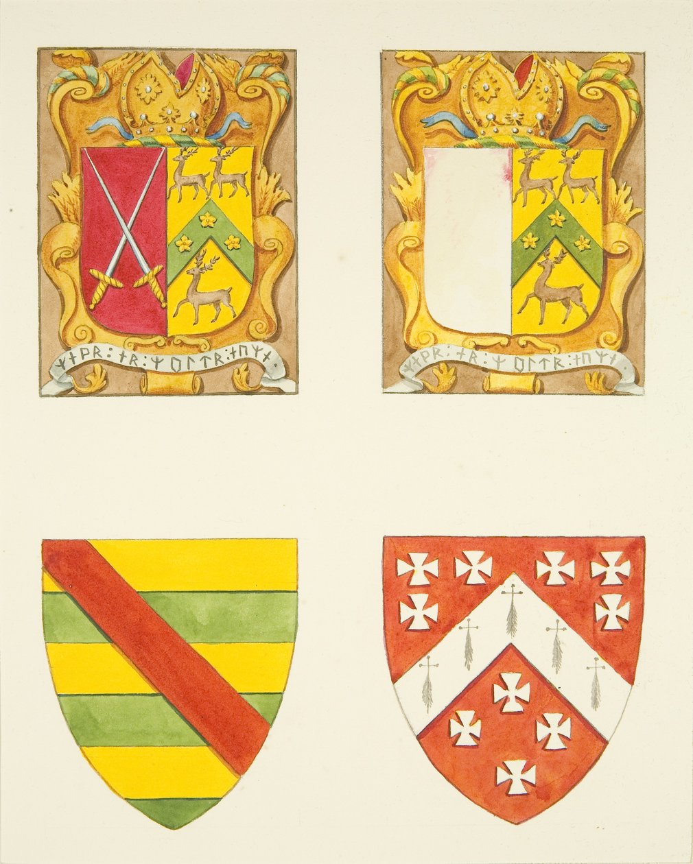 Quatro brasões - dois numa janela perto do campanário, Catedral de Bristol (aguarela sobre papel) de Joseph Manning