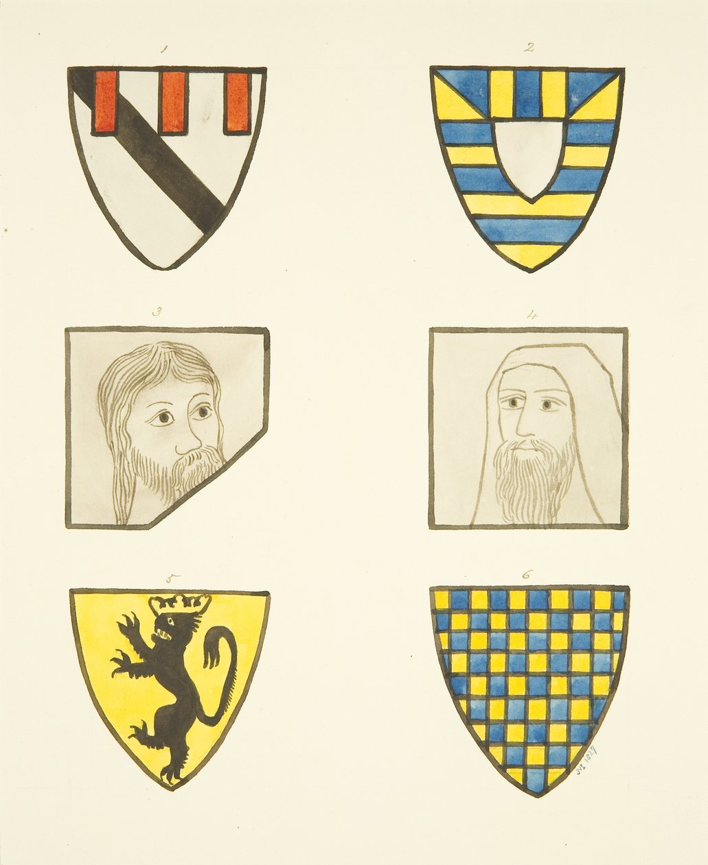 Quatro brasões e duas cabeças em vitrais a norte e a sul do coro na Catedral de Bristol (aguarela sobre papel) de Joseph Manning