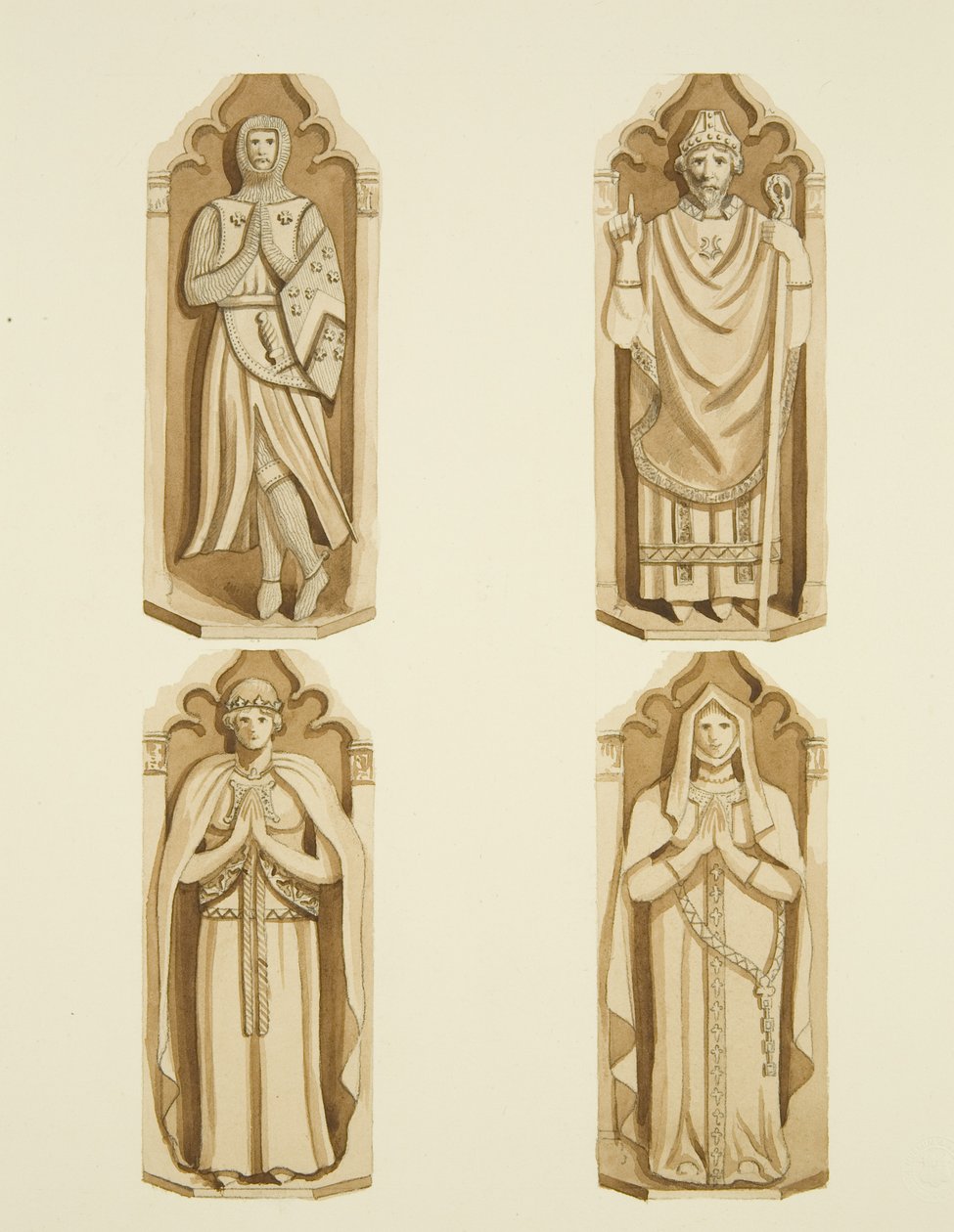 Quatro figuras decorando as portas feitas por Clarke, em cada lado do altar de São Marcos (aquarela sobre papel) de Joseph Manning