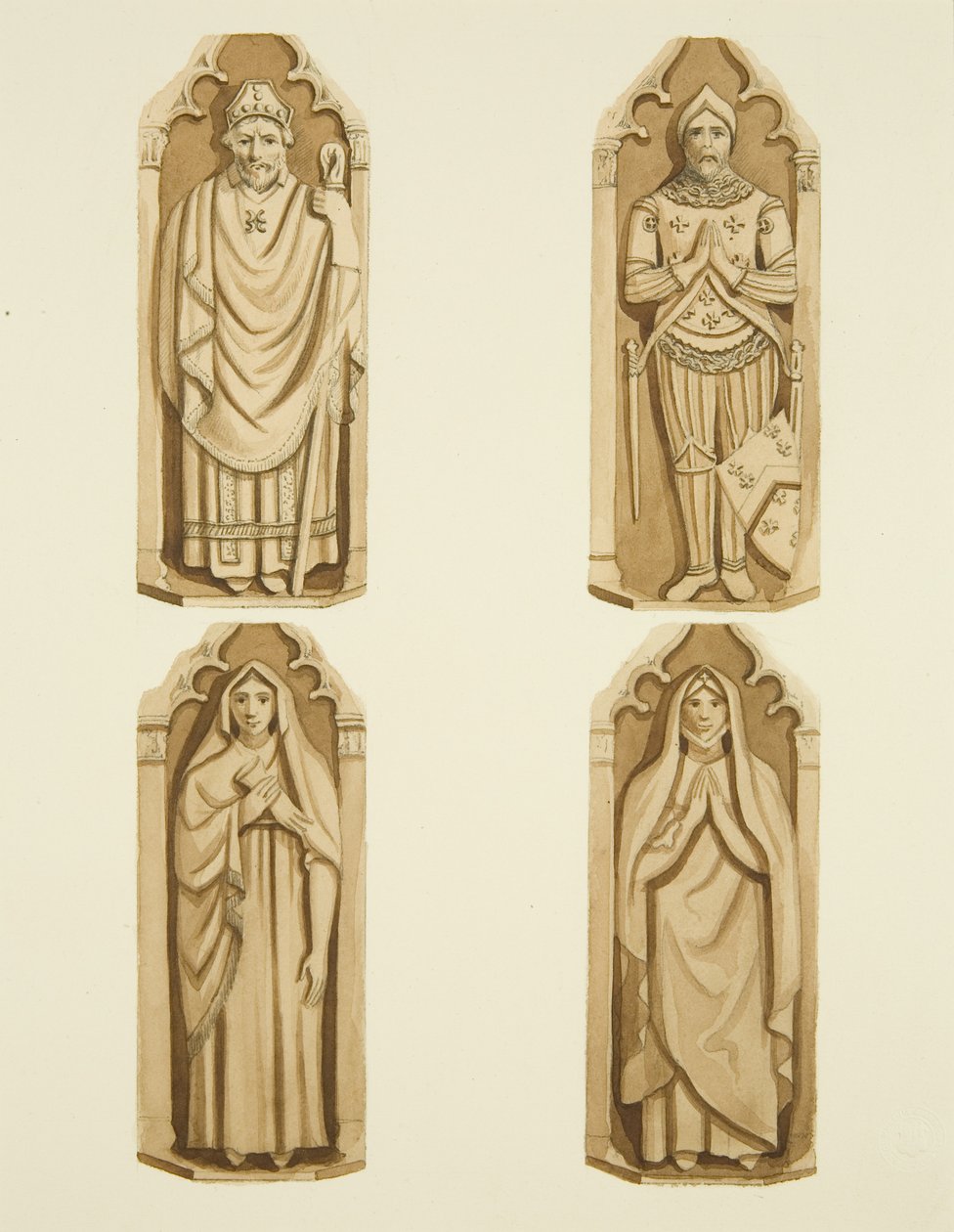 Quatro figuras decorando as portas feitas por Clarke, em cada lado do altar de São Marcos (aquarela sobre papel) de Joseph Manning