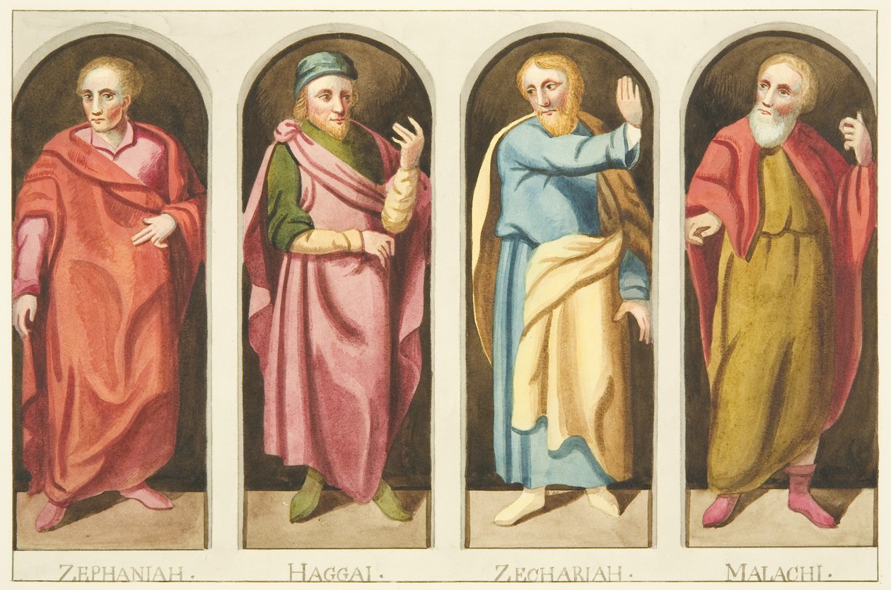 Quatro profetas menores pintados no lado oeste da tela, dividindo a nave do coro da Catedral de Bristol (aquarela sobre papel) de Joseph Manning